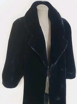 Vintage 40s Look 90s Pinup Y2K Steve By Searle Black Glam Faux Fur Coat S Goth - Image 1 of 4