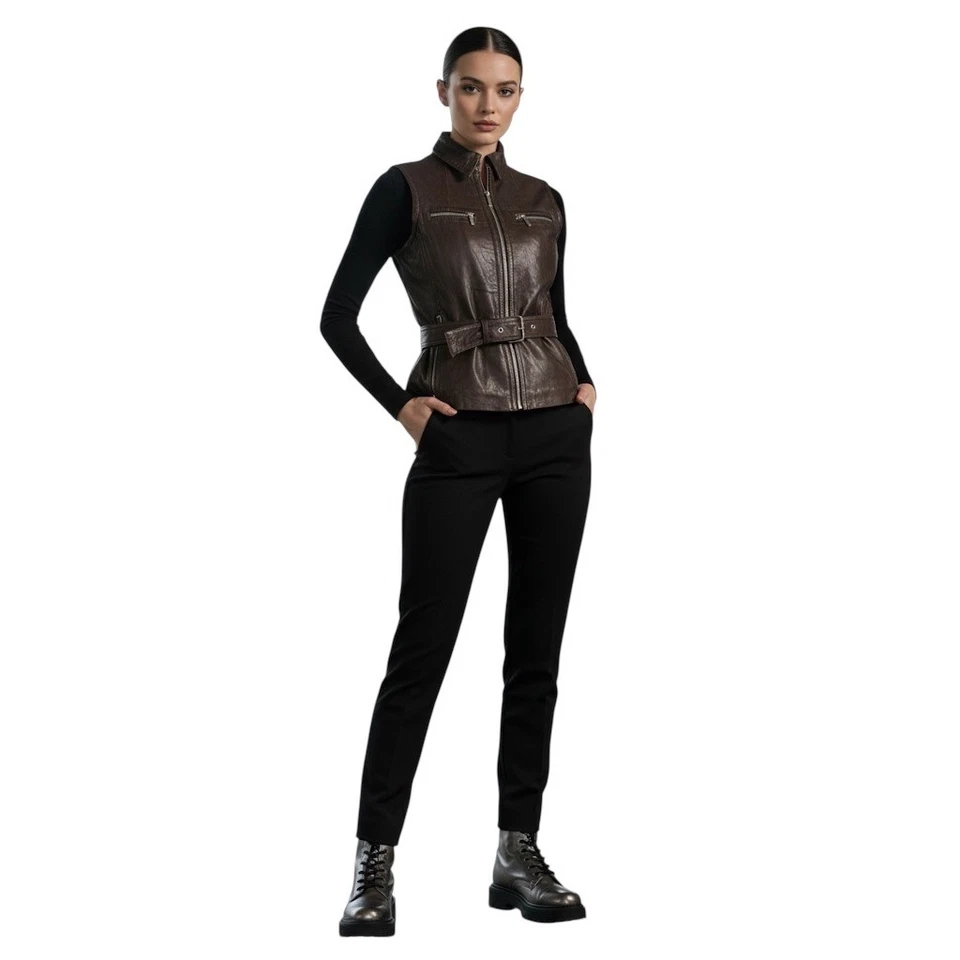 Michael Kors Brown Genuine Leather Belted Moto Vest | Size M - Image 1 of 4