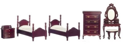 Dolls House Mahogany Bedroom Furniture Set Miniature with Twin Single Beds - Image 1 of 4