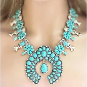 Imitation Turquoise Statement Necklace Squash Blossom Design - Picture 1 of 3