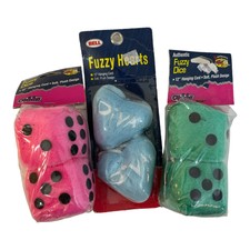 3 Vintage Cobbs Bell automotive white plush fuzzy dice 12” hanging cord 90’s