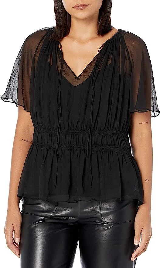 Theory womens Tie-neck Raglan Top in Silk Crinkle Blouse Black SZ S