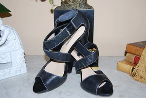 VIA SPIGA BLACK LEATHER CROSSED STRAP PEEP TOE HIGH HEEL WOMEN'S SHOES SIZE 10 M - Picture 1 of 10