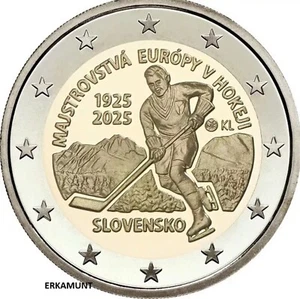 Moneta commemorativa 2 euro SLOVACCHIA 2025 "100 anni di campionato europeo di hockey su ghiaccio" - Foto 1 di 1