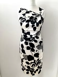Maggy London Size 12 Black White Floral Sheath Pencil Dress Asymmetric Neckline - Picture 1 of 14