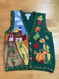VTG Eagles Eye Sweater Vest Women’s L Hand Knit Decorative Buttons Fall Pumpkin - Picture 1 of 24