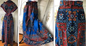 VTG NEW NWOT GERMANY-MADE MAXI SKIRT 100% COTTON EASTERN BLUE RED BLACK+SCARF 38 - Picture 1 of 12
