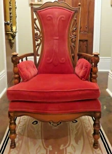 Antique French Art Nouveau Armchair Carved Walnut soft Coral Red Velour fabric - Picture 1 of 6