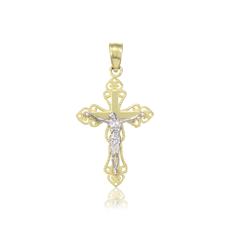 14K Solid Yellow White Gold Filigree Crucifix Cross Pendant Jesus Necklace Charm - Image 1 of 1