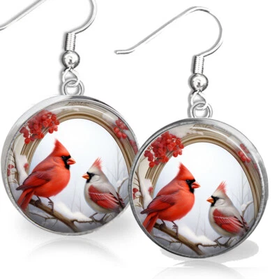 Winter Snow Red Cardinals Dangle Earrings Charm Sterling Wires Bird Lover Gift - Image 1 of 3