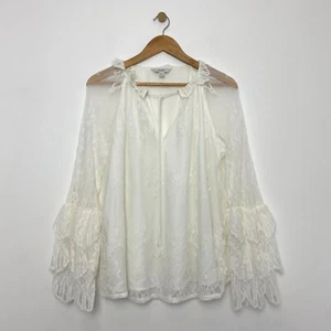 M&S Ivory Lace Blouse Size 14R Romantic Sheer Long Sleeve Tie Neck Layered Top - Picture 1 of 11