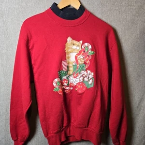 Sudadera Roja Vintage Años 90 Infinitos Diseños Gato con Regalos de Navidad Talla M - Imagen 1 de 12