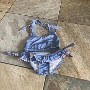 Bella Bliss Blue With Pink Scallop Trim Halter Bikini Girls Size 4 VGUC - Picture 1 of 7