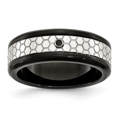 Stainless Steel Polished Black IP-plated 2pt. Diamond 8mm Band Ring Size 11 - Image 1 of 4