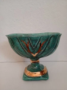 Vintage USA Pottery Pedestal Planter Green w/Brown Speckles Gold Trim 5 1/4" - Picture 1 of 11