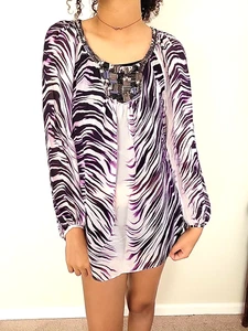 ROBERT GRAHAM 100% SILK EMBELLISHED WAVE PRINT TUNIC TOP SIZE SMALL NWT - Picture 1 of 8