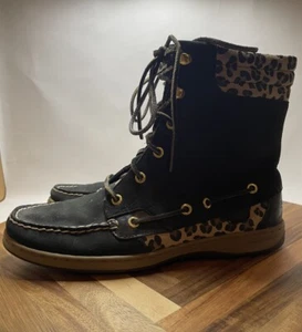 Sperry Hikerfish Black Leather Leopard Lace Up Boots Womens Size 9.5 GUC - Picture 1 of 11