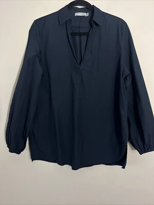Vince женщин Sz S твердого темно-синий длинным рукавом с воротником хлопок поплин туника рубашка - Изображение 1 из 4