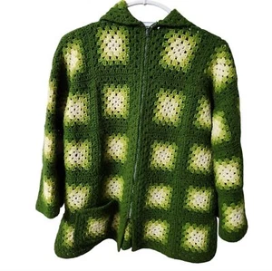 Handmade Vintage Green to White Granny Square Hooded Long Sleeve Cardigan Sz. M - Picture 1 of 8