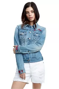 Giacca jeans denim ricamo camionista donna TRUE RELIGION designer $229 XS - Foto 1 di 6