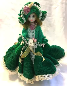 Handcrafted Crochet Dress Doll Hat Emerald Green Mauve Roses Sleep Eyes VTG - Picture 1 of 12