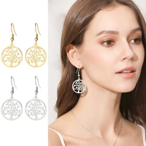 Orecchini a Gancetto in Acciaio Pendente Albero della Vita nello Cerchio Oro/Arg - Imagen 1 de 4