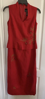 Positive Attitude Red Embroidered Maxi Dress Sleeveless Lined Side Slit 4P Caree - Image 1 of 4