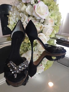Designer Giuseppe Zanotti Black Satin Peep Toe Crystal D'orsay Heels US 6 1/2 - Picture 1 of 10