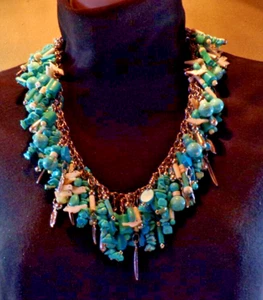 Turquoise & Bird Fetish Cluster-Dangle Necklace, 24” (2208) - Picture 1 of 6