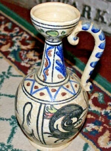 Toledo Pottery Pitcher Applied Handle Colorful Painted Artwork - Picture 1 of 12