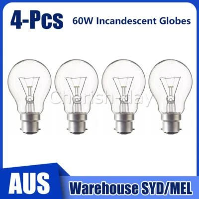 4x 60W Incandescent Light Globes Bulbs B22 Bayonet Warm White Dimmable Clear NEW - image 1 of 4