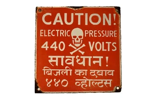 Vintage Caution Sign 440 Volts Porcelain Enamel Skull Electric Pressure Hindi - Picture 1 of 4