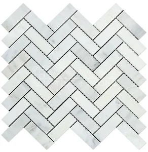 Carrara White Italian (Bianco Carrara) Marble 1 X 3 Herringbone Mosaic Tile - Picture 1 of 2