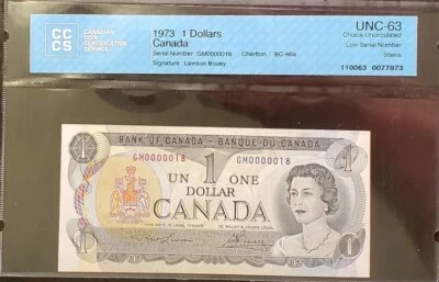 LOW# 1973 $1 BC46a LAWSON/BOUEY #GM0000018 CCCS CH UNC 63  LOW NUMBER Foto 1 de 2