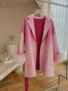Women Real Natural Fur Cuffs Wool Blends Gradient Jacket Outerwear Streetwear - Picture 1 of 26