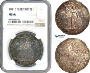 AH617, Great Britain, Trade Dollar 1911 B, Bombay Mint, Silver, NGC MS61 - Picture 1 of 1
