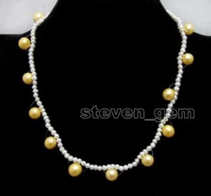 SALE Small 5-6mm White & 9-10mm Yellow Round Natural pearl 17'' Necklace-nec6408 - Picture 1 of 4
