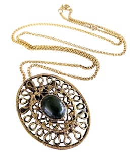 De Colección Nefrita Jade Ovalado Tono Dorado Colgante Pin 1-7/8" Collar 24" Bordillo Eslabón Cadena - Imagen 1 de 5