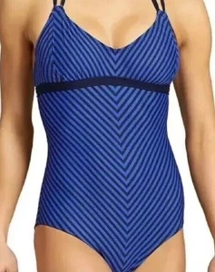 New Athleta SMALL Avila Maillot Swimsuit Blue Black STRIPED Chevron criss cross  - Picture 1 of 8