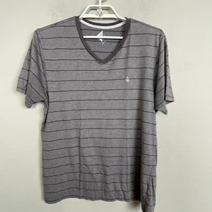 Volcom Men's size L Taupe Brown White Striped V-neck T-Shirt - Picture 1 of 5
