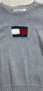 Y2K Tommy Hilfiger Xmas Sweater Knitted Flag Heavy Gray Woman’s Large - Picture 1 of 5