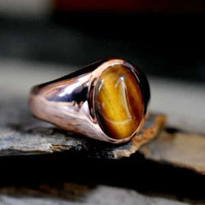 Natural Tiger Eye Gemstone Sterling Silver Rose Gold Birthstone Men's Gift Ring - Picture 1 of 3