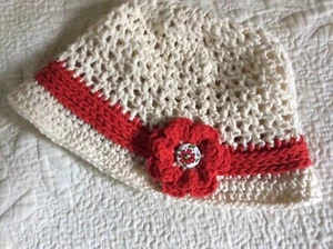 Girls Hat Cotton Bucket Hat W/ Red Flower Homemade Handmade Crochet 7” - Picture 1 of 7