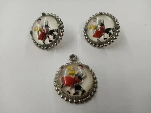 Vintage Reverse Carved Painted Glass Dancers Pendant  And Earring Set - Picture 1 of 5