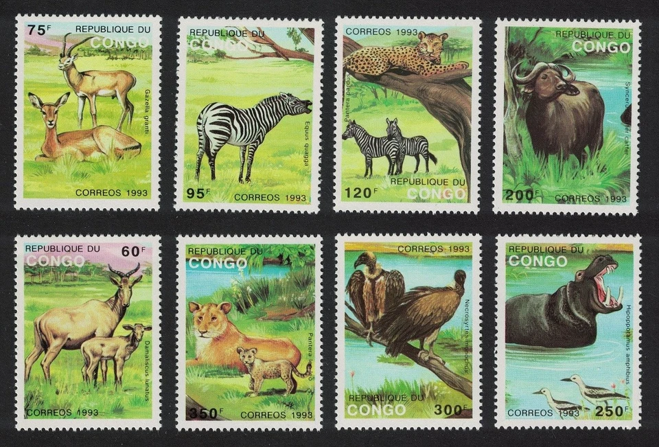 Congo Birds Hipopótamo Cebra Guepardo Animales Salvajes 8v 1993 MNH SG#1349-1356 Foto 1 de 1