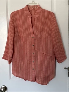Fridaze Leinen Top koralle gestreift Knopfleiste Gr. XL Bluse Lagenlook Beach Island - Bild 1 von 11