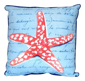 Coral Starfish Blue Script 18 Inch Indoor Outdoor Pillow Betsy Drake Design - Picture 1 of 1