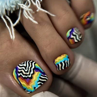 Square Fake Toenails Colorful Stripe Press on Toe Nail Acrylic False Toe Nail - Image 1 of 4