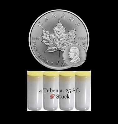 Silbermünzen „Maple Leaf“ 1 oz/unze 999.9 Silber, 4 Tuben a. 25 Stk, 2025 - Bild 1 von 4