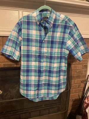 Jos A Bank Traveler 短袖正装衬衫 M 码蓝色白色蓝绿色黄色格子 — 第 1/3 张图片